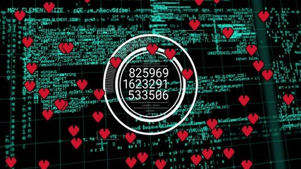 Poster - Red heart icons with numerical data circles on digital code animation background