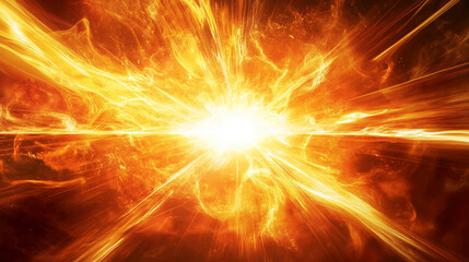 Poster - Abstract image of intense orange and yellow light radiating from a central point, resembling a fiery explosion or supernova, symbolizing energy, power, and cosmic phenomena