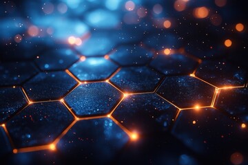 Poster - abstract hexagonal surface design with blue lighting and glowing orange accents
