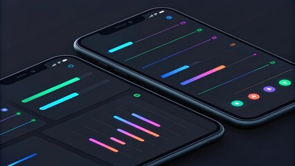 Fototapete - two modern smartphones displaying a colorful, abstract interface with data visualization