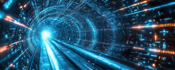 Poster - Futuristic Data Highway With Glowing Blue Light and Digital Patterns