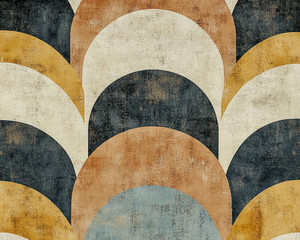 Aufkleber - Abstract art with overlapping semicircles in beige, brown, blue, and gold hues, exhibiting a textured, vintage aesthetic, ideal for design backgrounds