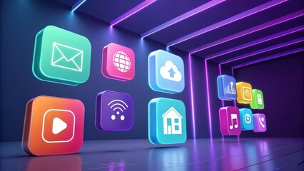 Fototapete - colorful app icons arranged in a modern display, representing communication, internet, and technology