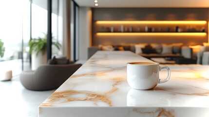Poster - Chic penthouse apartment with modern design and espresso cup on marble countertop in vibrant light