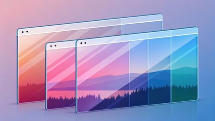 Fototapete - three transparent computer screens, displaying different landscape images in vibrant color palettes