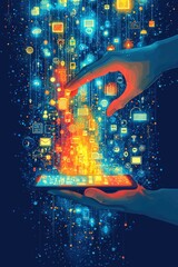 Poster - Hands Interacting with a Digital Display of Data and Icons Flowing