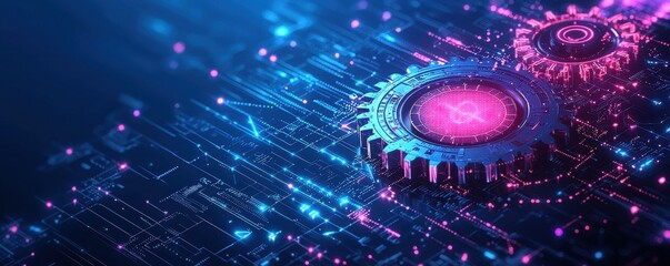Poster - futuristic digital gears and circuits illustrating technology and mechanics