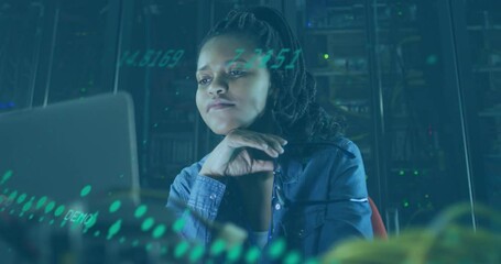 Poster - Woman working on laptop with digital data processing animation overlay