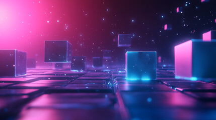 Poster - Neon-lit cubes float over a grid, creating a vibrant, futuristic scene showcasing potential for digital art, technology, or abstract design backgrounds