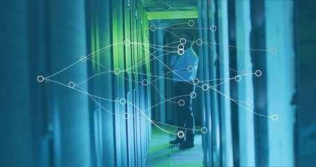 Poster - Network of connections and data processing animation over person in server room