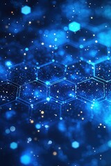 Poster - abstract blue background with glowing hexagon pattern and glittering particles
