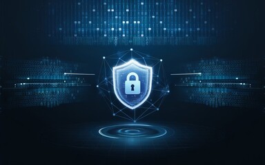 Poster - Digital Fortress: A glowing shield with a padlock icon, symbolizing data protection and cybersecurity, is prominently displayed against a vibrant background.