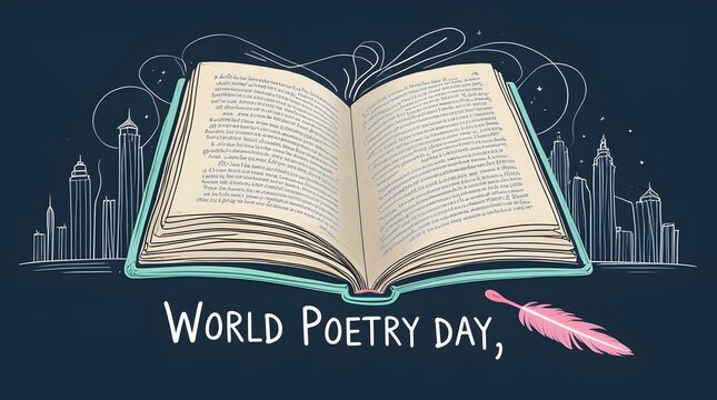 World  poetry day banner written in white chalk-like lettering  The background is  World Book Capital Network,web banner template Copy space