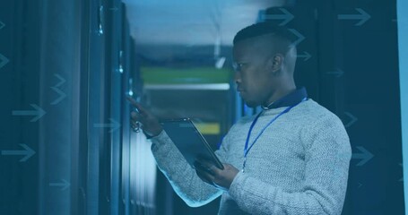 Poster - Using tablet, person managing servers in data center environment with animation