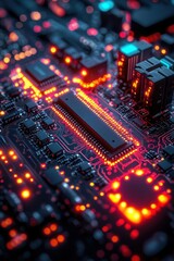 Poster - Illuminated circuit board design with glowing red and yellow electronic components
