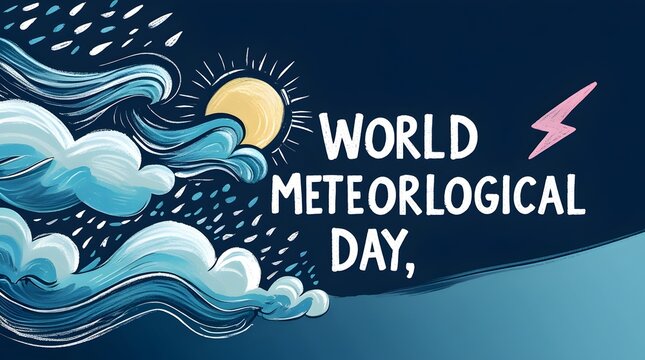 World meteorological day written in white chalk-like lettering  The background is  deep blue gradient transitioning from dark navy at the top to a lighter sky blue at the bottom web banner template 