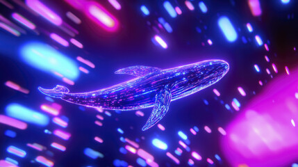 Poster - Majestic iridescent whale swimming through vibrant neon lights, creating mesmerizing visual experience