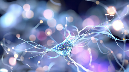 Poster - mesmerizing neuron with glowing connections, surrounded by soft bokeh lights, representing beauty of neural networks and communication