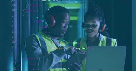 Poster - Two workers in safety vests analyzing data with code overlay animation