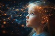 © Martinesku - Child Brain Activity look up at digital visualization sphere hologram. Virtual reality connection, kid looking thoughtful, digital kids brain network concept in a futuristic style. Machine learning