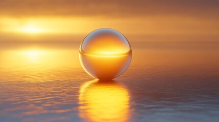 Wall Mural - a reflective sphere resting on a calm water surface at dusk
