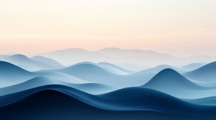 Wall Mural - blue abstract waves and distant mountains under an orange sky