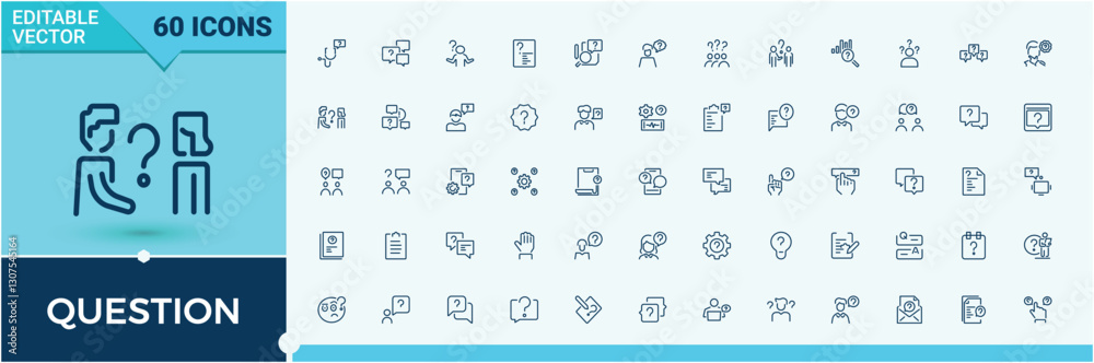Set of Question line icons. It contains symbols to mark, question, hand ...