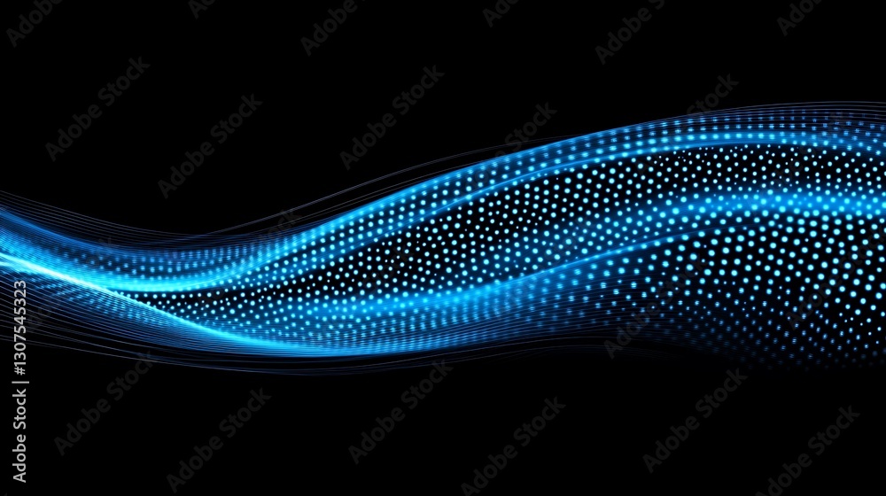 Abstract luminous blue wave pattern against stark black background