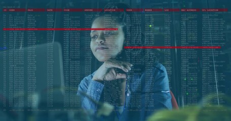 Poster - Analyzing data with animation, woman in denim jacket using computer screen