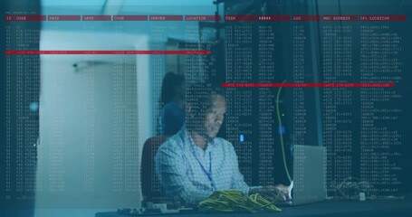 Poster - In office, man working on laptop with animation of digital data and code