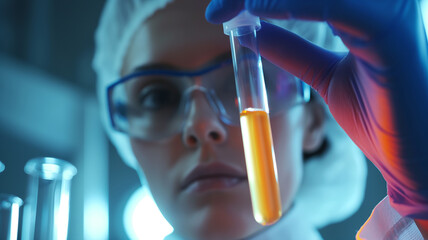 Fototapete - This Researcher closely studies a test tube containing vibrant stem cell culture under lab lighting.