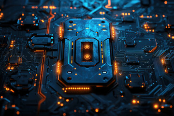 Aufkleber - Close-up of a futuristic circuit board with glowing orange accents, showcasing intricate technological details.