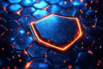 Poster - Glowing shield emblem on a hexagonal, metallic, futuristic surface.  Cyberpunk security concept.