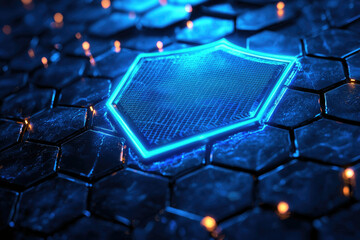 Aufkleber - A glowing blue hexagonal shield on a dark, technological background symbolizing digital security and protection.