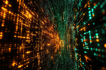 Poster - Abstract digital tunnel with glowing orange and teal particles, creating a futuristic and technological visual.