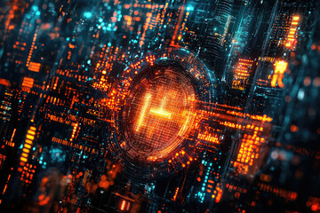 Leinwandbilder - Abstract digital art depicting a glowing H symbol within a complex network of circuits, representing technology and innovation.