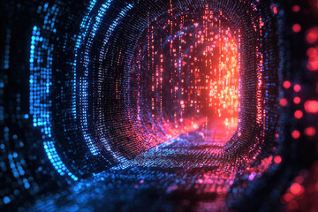 Poster - A mesmerizing digital tunnel of swirling binary code, glowing in vibrant red and blue hues.