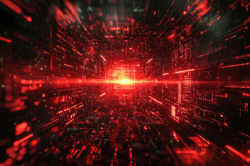Aufkleber - Abstract digital tunnel glowing red, showcasing futuristic technology and data streams.