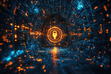 Poster - Cybersecurity concept: glowing digital tunnel with a padlock symbol representing data protection and network security.