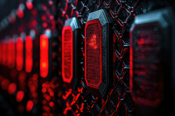 Aufkleber - A close-up of a futuristic, dark metallic grid with glowing red rectangular units.