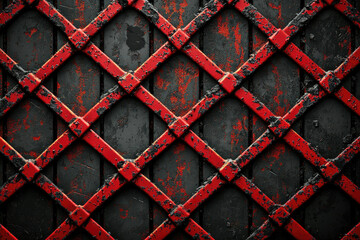 Poster - Rusty red metal grid pattern on dark background, grunge texture.