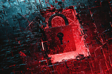 Poster - A shattered red padlock embedded in a cracked digital circuit board, symbolizing cybersecurity breach and data vulnerability.