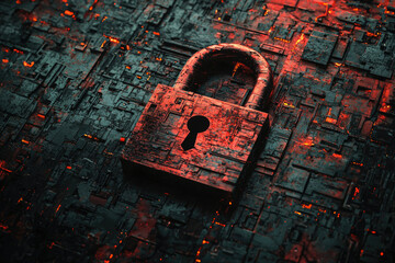 Aufkleber - A metallic padlock rests on a complex circuit board, symbolizing digital security and data protection.