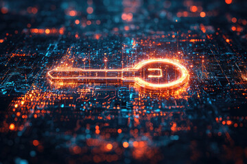 Poster - A glowing digital key on a circuit board symbolizes cybersecurity, data protection, and access control.