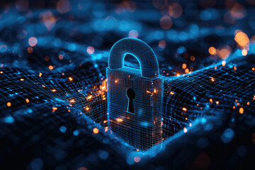 Poster - A digital padlock secures a network, symbolizing cybersecurity and data protection in a modern digital landscape.