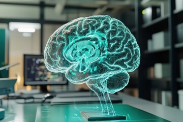 Poster - 3D holographic brain model displayed in a modern office setting with technology elements