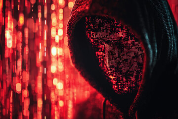 Aufkleber - Hooded figure with a digital mask stands before a red, pixelated background, symbolizing anonymity and the digital world.