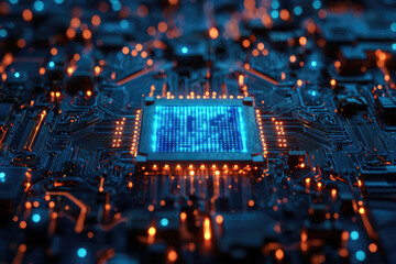Poster - Close-up of a glowing microprocessor integrated circuit, showcasing intricate circuitry and technological advancement.