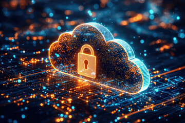 Poster - Cloud computing security: A digital cloud with a padlock symbolizes secure data storage and protection in the cloud.