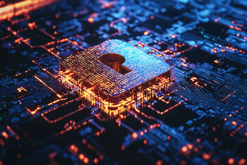 Poster - A glowing padlock embedded in a circuit board symbolizes digital security and data protection.